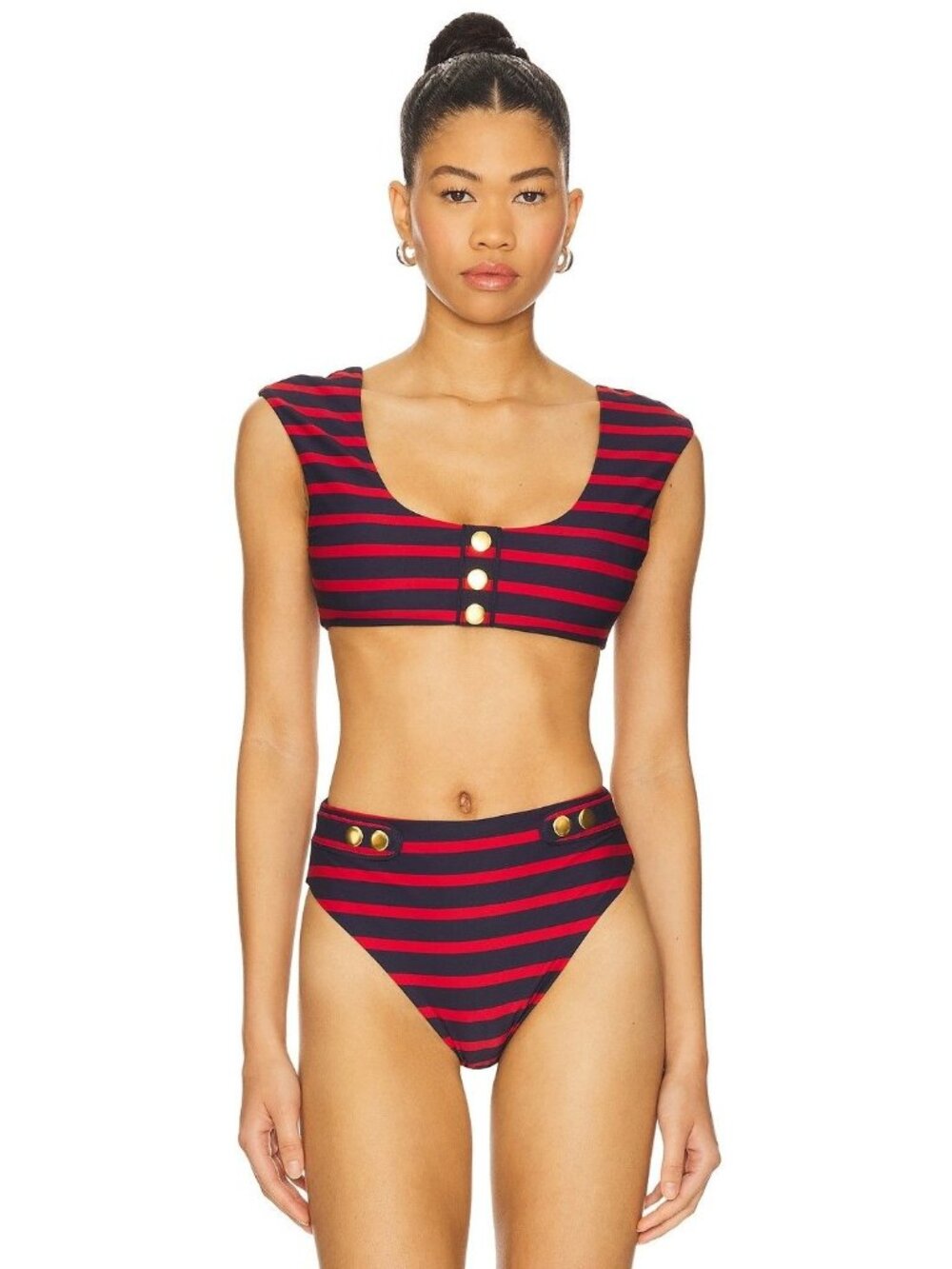 WeWoreWhat Off Shoulder Bikini Top in Red & Dark Navy New Large Womens Swimsuit